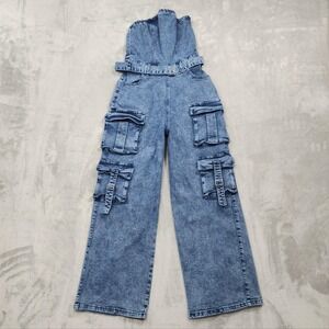 Riley & James Jumpsuit Womens S Blue Denim Strapless Cargo Wide Leg Belted Zip